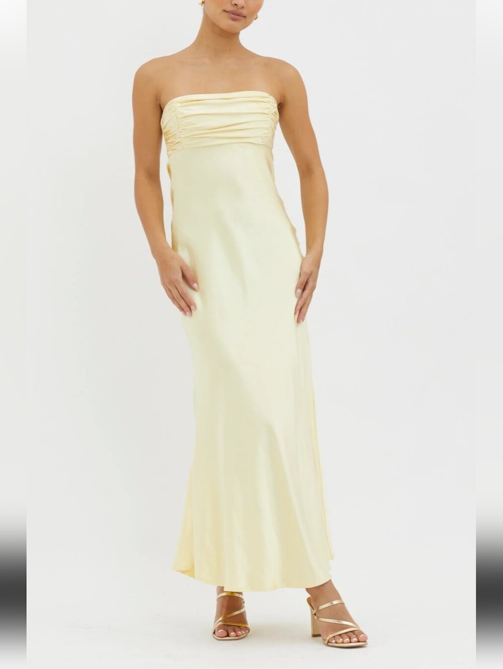 Selfie Leslie Strapless Satin Maxi Dress in Pale Yellow size S new with tags